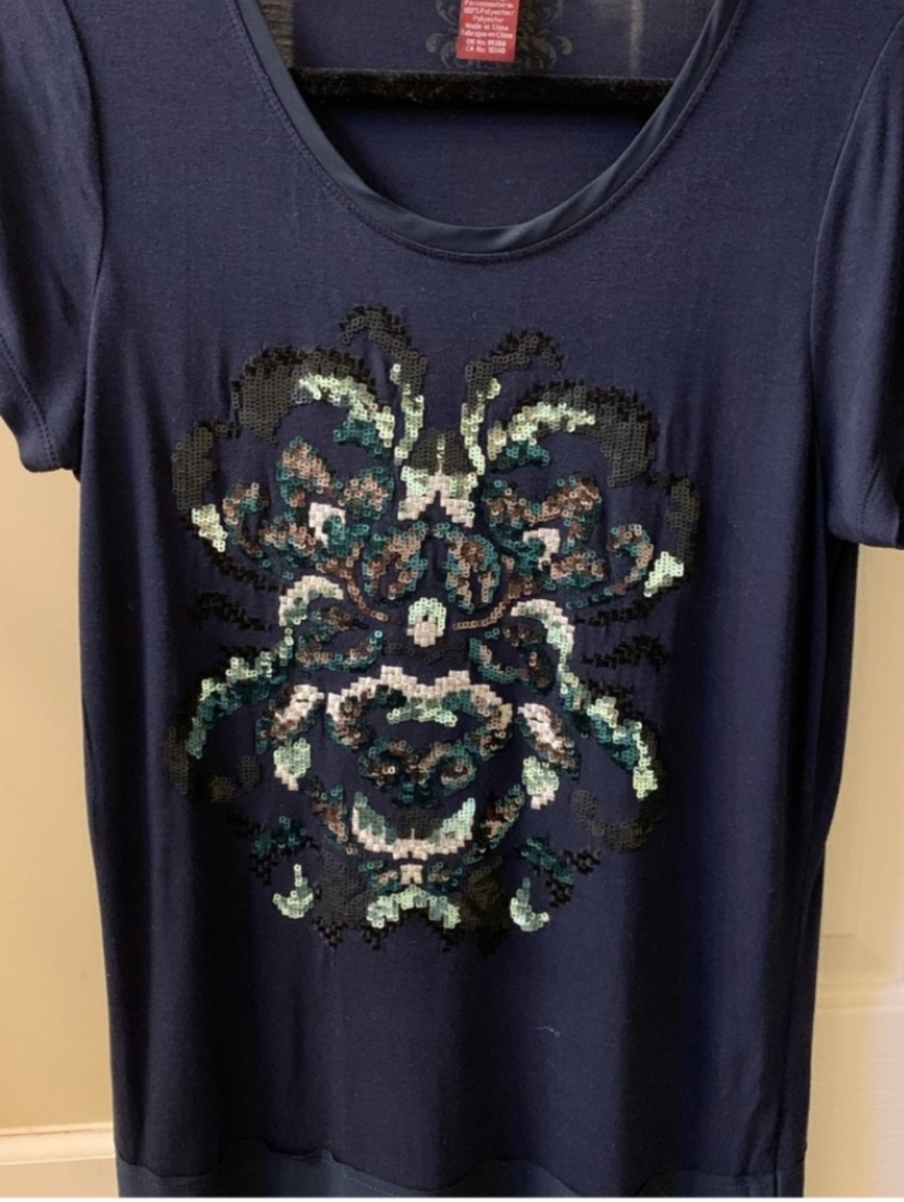 Olsen Europe Sequin Sparkle Drapey Tshirt In Navy Size XSmall